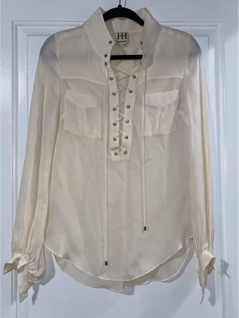 Haute Hippie Gypsy Blouse - 100% silk ivory long sleeve lace up XS